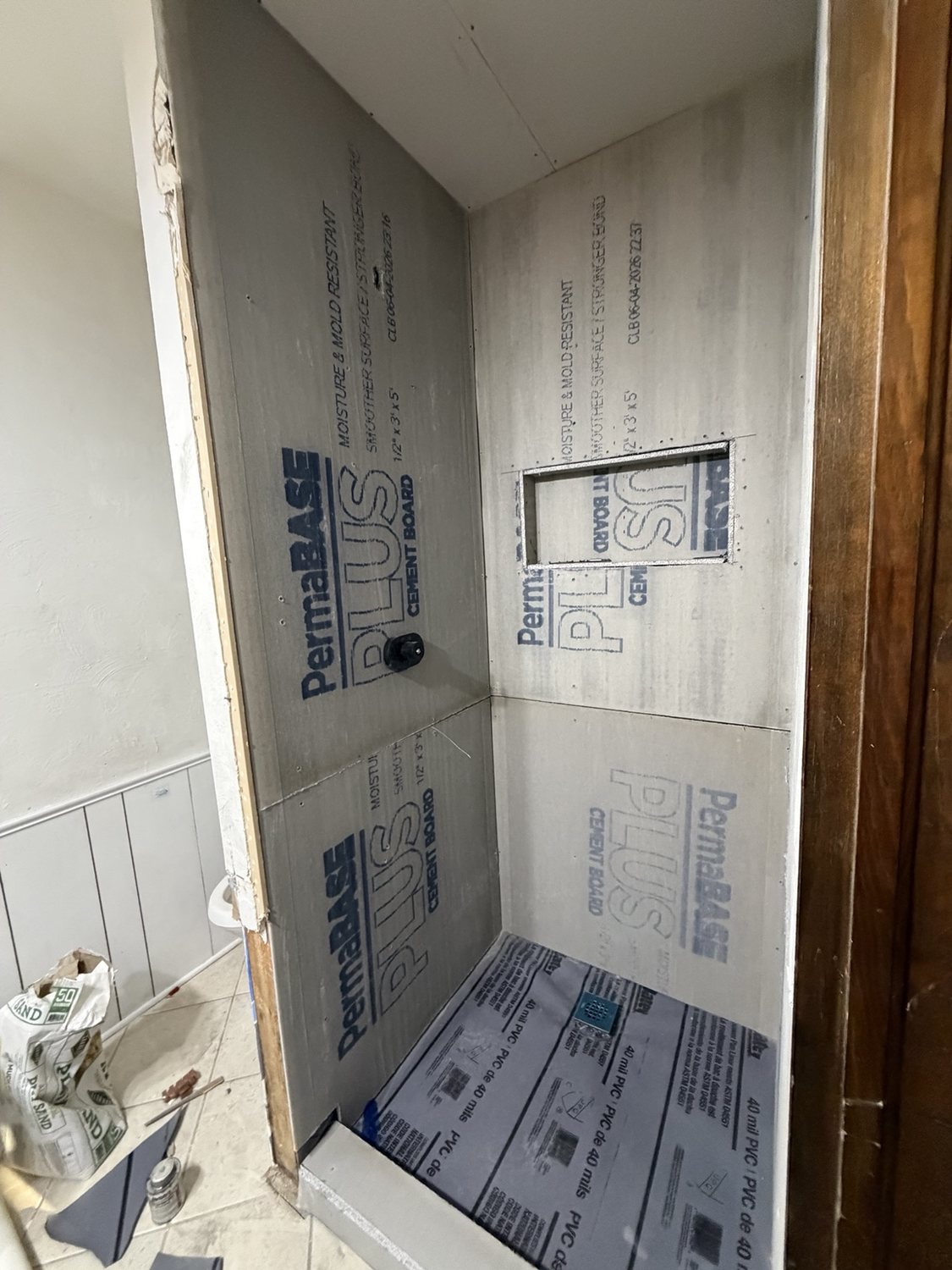 Later stage of custom shower construction